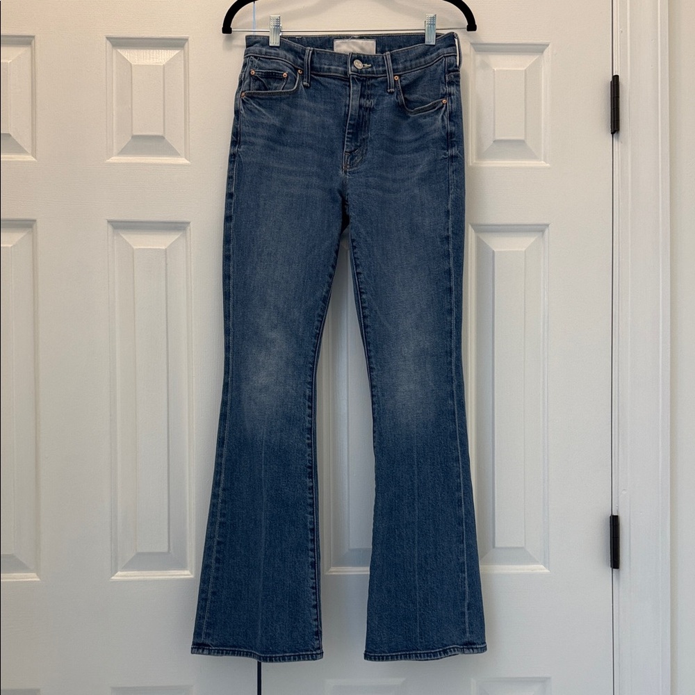 MOTHER SUPERIOR Weekender in It’s a Small World Blue Flare Jeans Sz. 27 LIKE NEW - Picture 2 of 10
